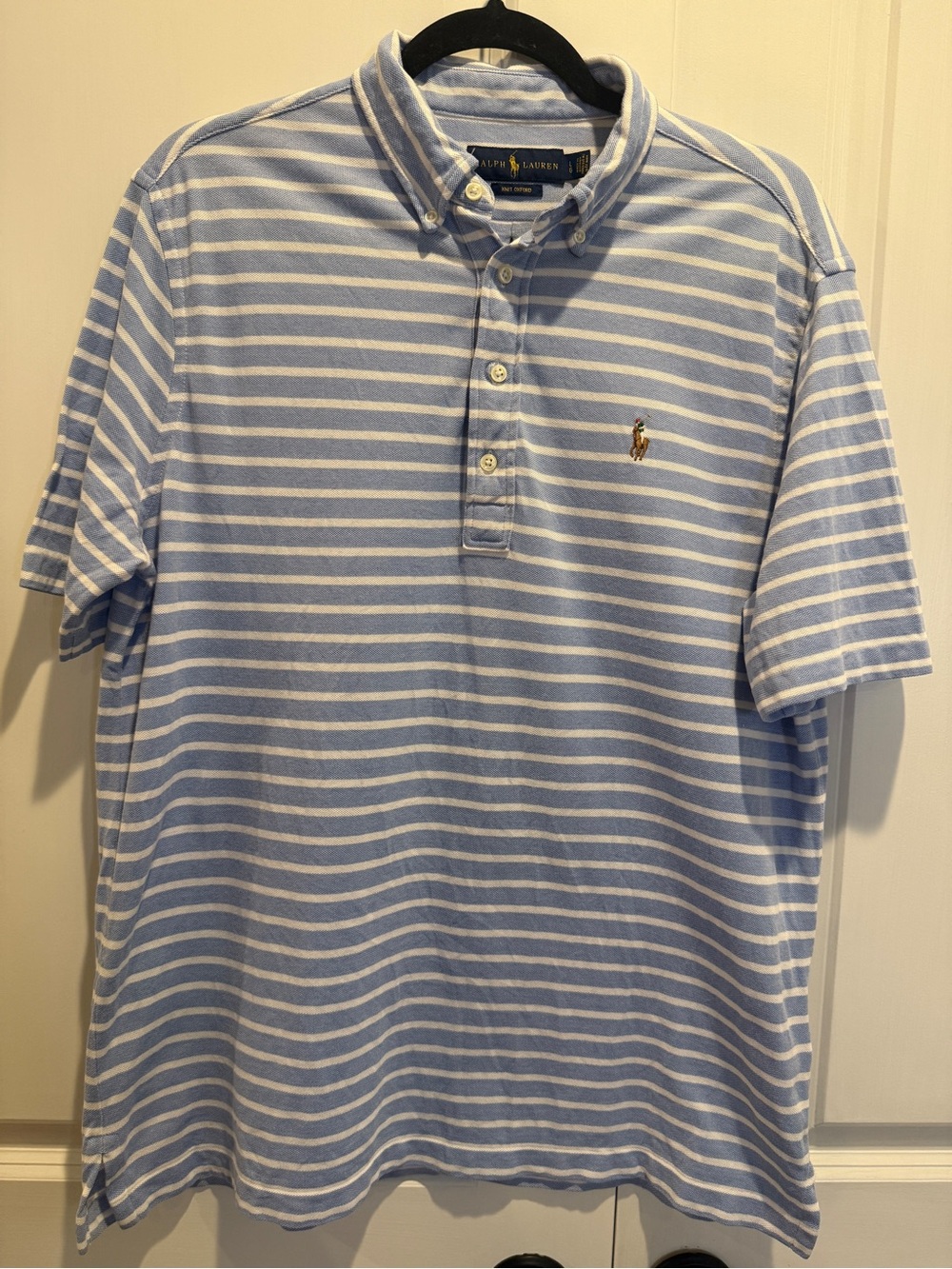 Polo by Ralph Lauren Knit Oxford Blue & White Striped Short-Sleeve Polo Large